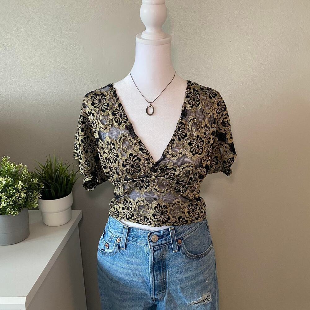 Vintage gold black floral Laced Cropped Top